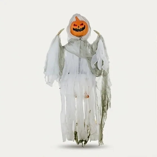 3.9ft Hanging Pumpkin Ghost Halloween Decor with Glowing Red Eyes & Sound Activation