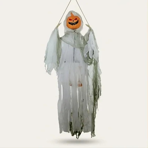 3.9ft Hanging Pumpkin Ghost Halloween Decor with Glowing Red Eyes & Sound Activation